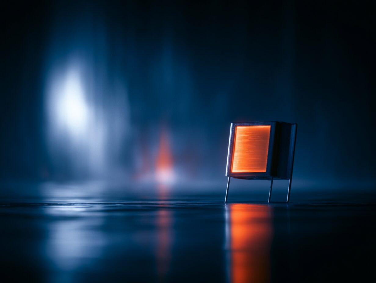 A single small screen glowing bright orange in a dark blue, misty space
