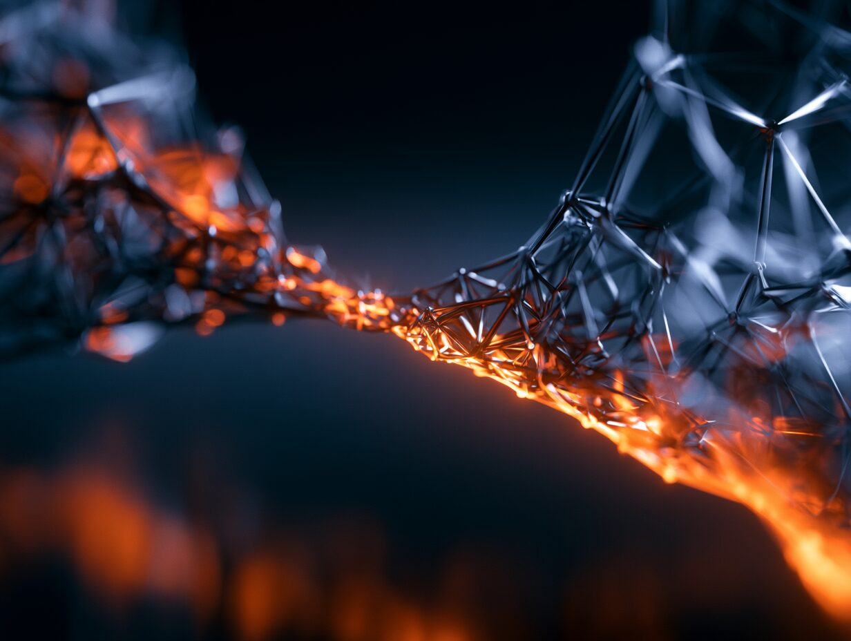 Abstract wireframe mesh shifting from cool silver-blue into molten orange fire