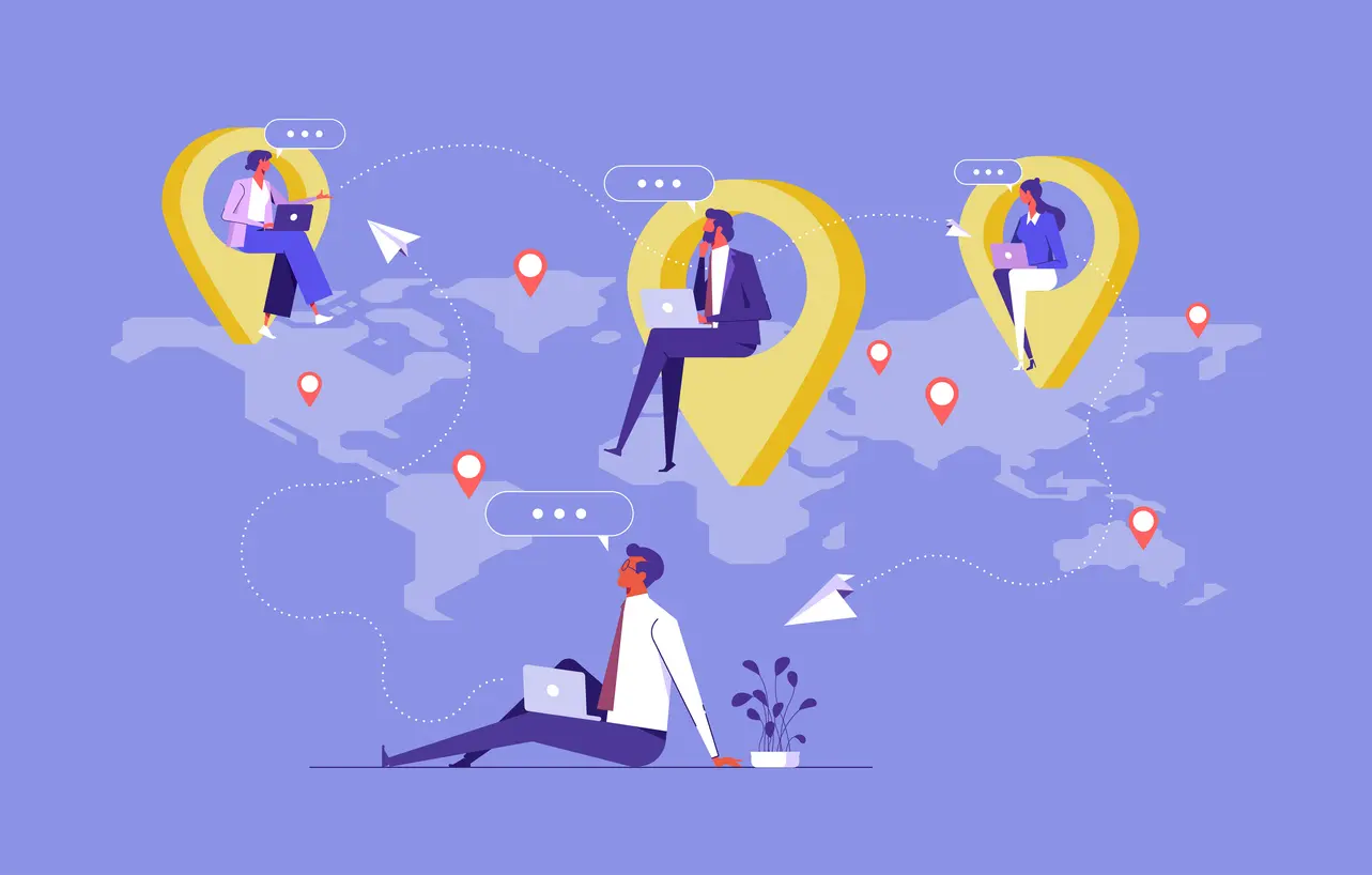 Illustration of a remote team working on laptops from location pins spread across a world map