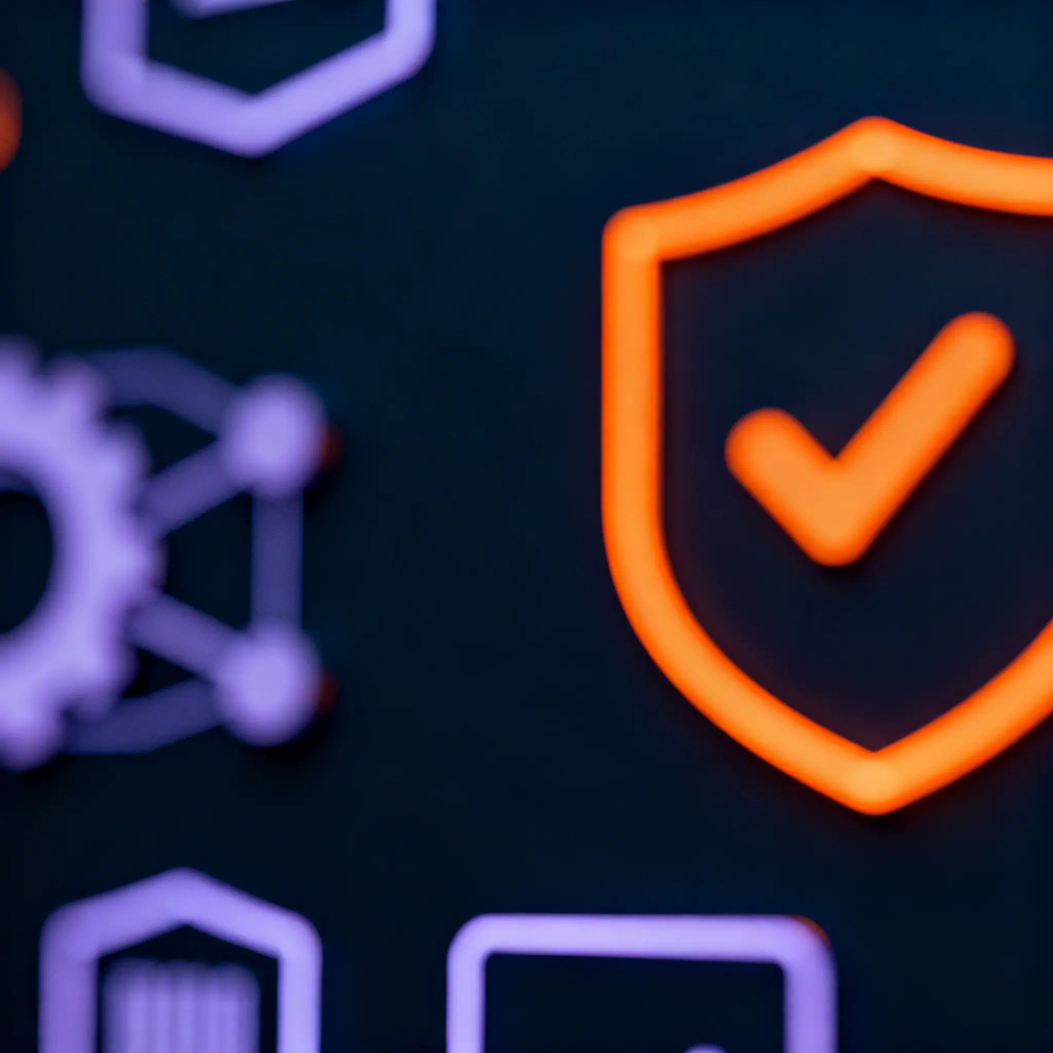 Glowing purple technology icons on a dark background, with an orange security shield and checkmark in the foreground